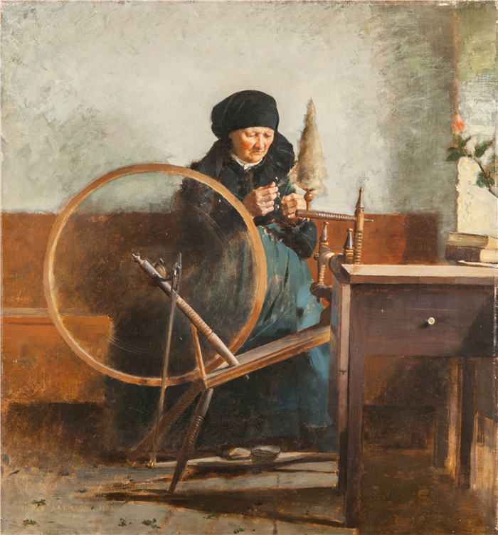 雨果·费德里克·萨尔姆森（ Hugo Federick Salmson，瑞典画家）作品-在纺车上 (1883)