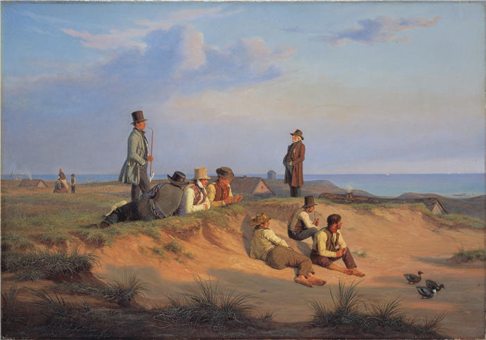 马蒂努斯·罗比（Martinus Rørbye，丹麦画家，1803-1848 年）作品-斯卡恩的男人们在一个晴朗的夏日傍晚（1848 年）