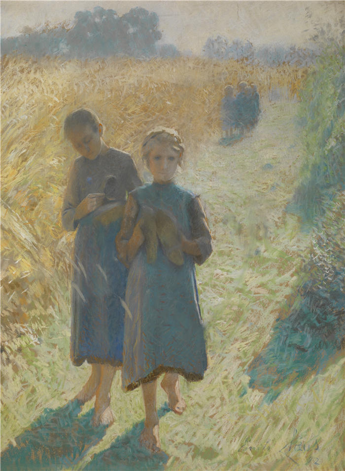 埃米尔·克劳斯（Emile Claus，比利时画家，1849 - 1924 年）作品-田野里的女孩（1892）