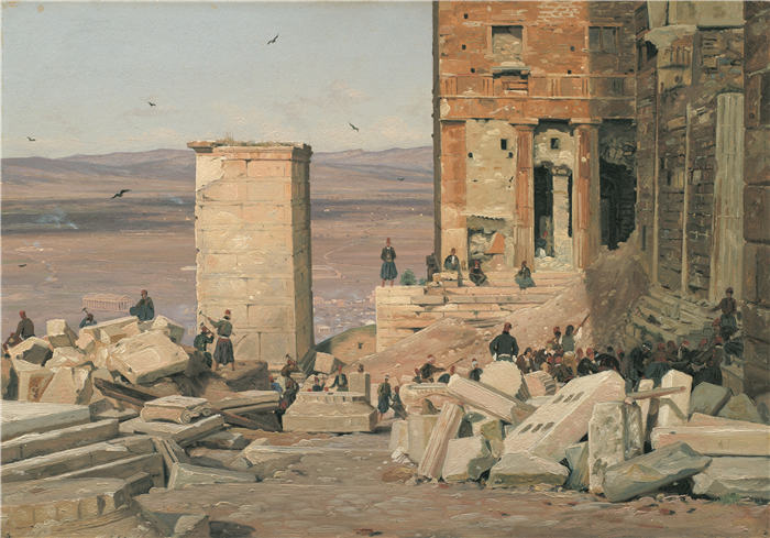 马蒂努斯·罗比（Martinus Rørbye，丹麦画家，1803-1848 年）作品-在卫城废墟中工作的希腊人 (1834 - 1835)