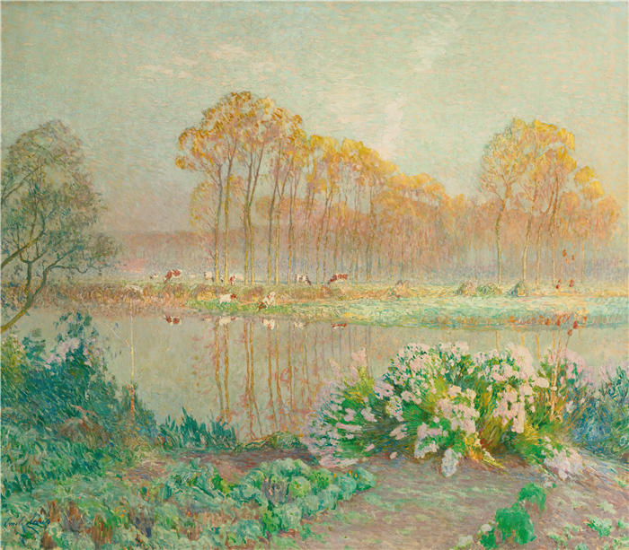 埃米尔·克劳斯（Emile Claus，比利时画家，1849 - 1924 年）作品-景观与池塘和花朵