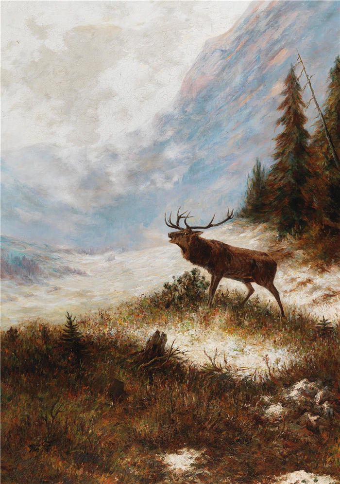 弗朗茨·泽弗·冯·帕辛格（ Franz Xaver von Pausinger，奥地利画家）作品-在冬天的风景中咆哮的雄鹿