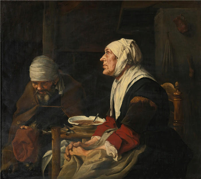 亚伯拉罕·范迪克（Abraham Van Dijck）作品-晚饭前的格蕾丝，一对老夫妇坐在桌旁