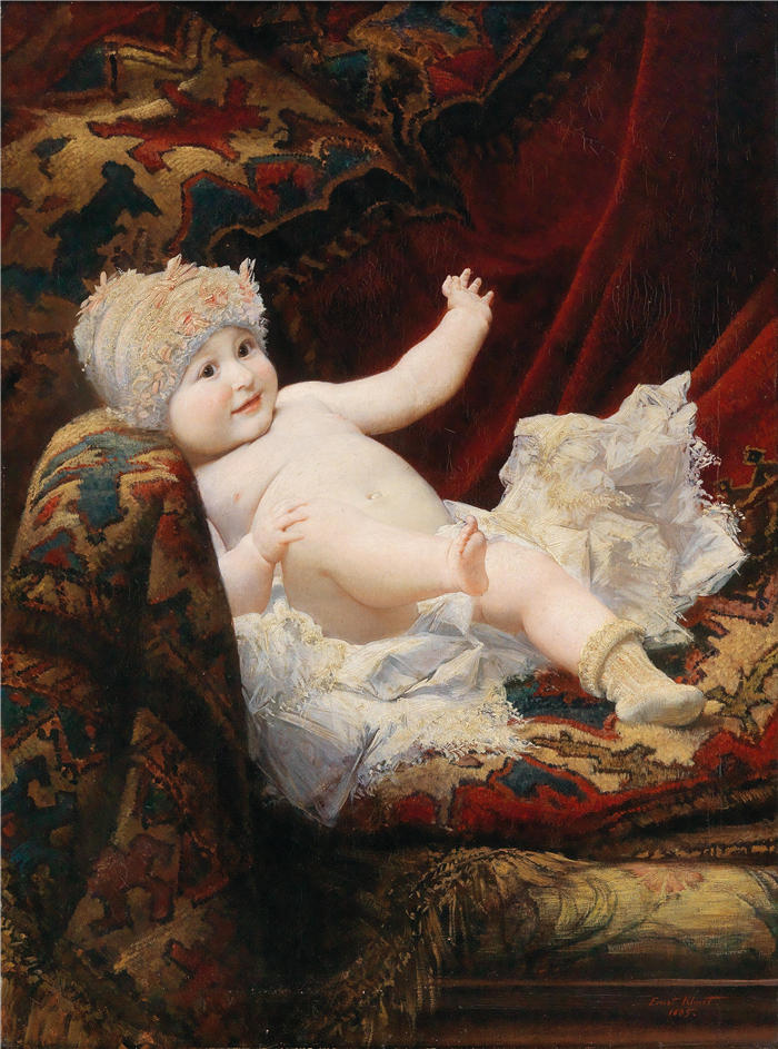 恩斯特·克里姆特（Ernst Klimt）作品-带蕾丝帽的婴儿肖像（1885 年）