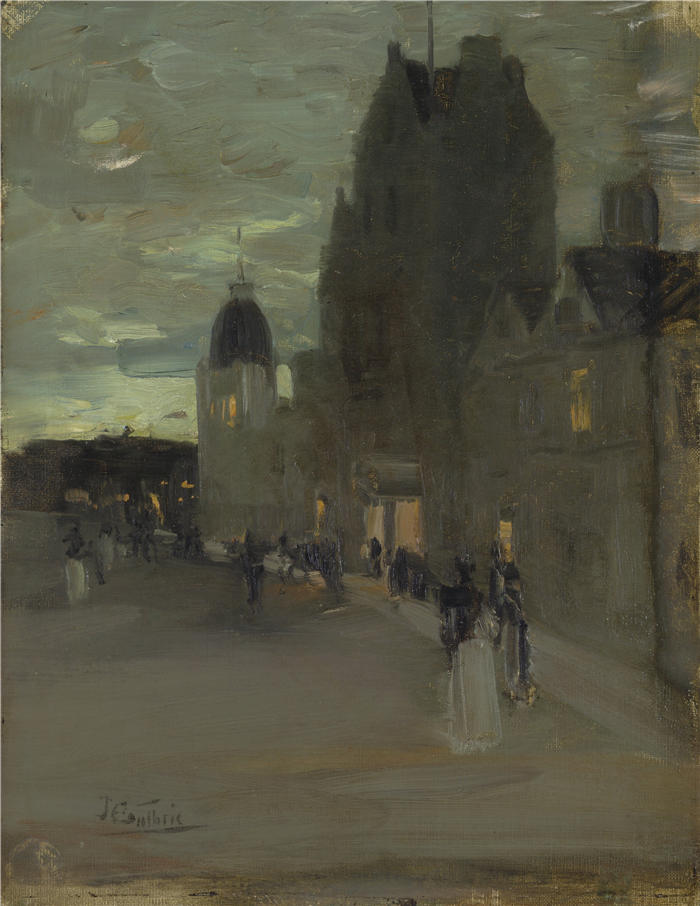 詹姆斯·格思里（James Guthrie，苏格兰，1859–1930）作品-奥本街，夜