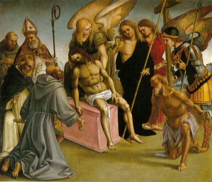 卢卡·西诺雷利（Luca Signorelli，意大利，1445-1523）作品-与天使和圣徒一起哀悼死去的基督