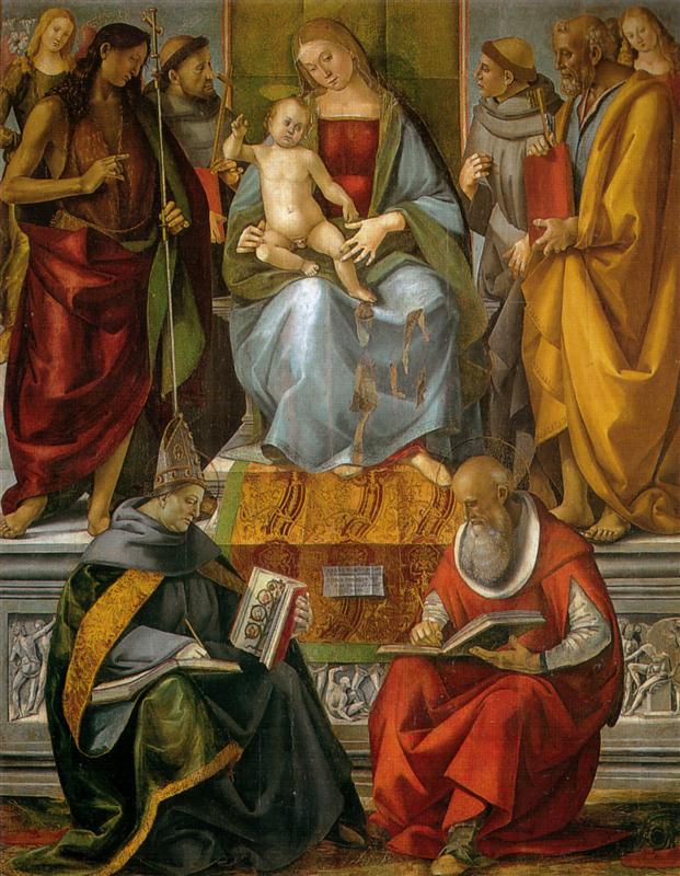 卢卡·西诺雷利（Luca Signorelli，意大利，1445-1523）作品-与圣徒一起登基的处女座