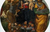 卢卡·西诺雷利（Luca Signorelli，意大利，1445-1523）作品-圣母子与圣迈克尔、萨拉戈萨的文森特、科尔托纳的玛格丽特和马克