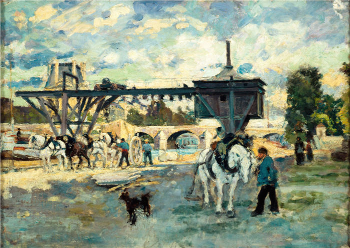 埃米尔·安托万·吉里尔（Emile Antoine Guillier，法国，1849 - 1883 年）作品-皇家桥塞纳河上的起重机（1880 年）