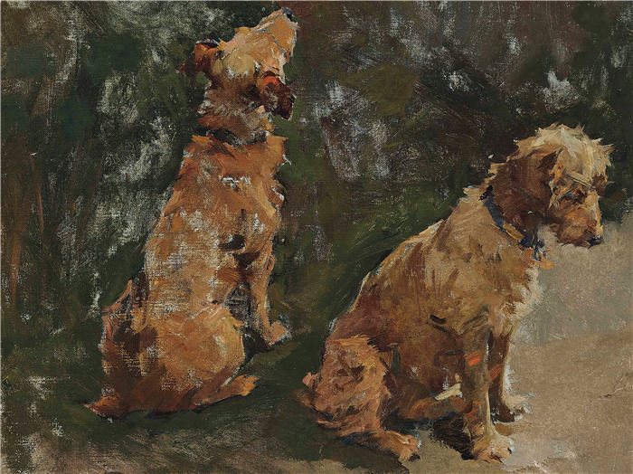 伊丽莎白阿德拉福布斯(Elizabeth Adela Forbes，加拿大, 1859 – 1912)作品-两只梗犬；为“半个假期”而学习