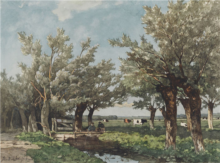 约翰·亨德里克·魏森布鲁赫（Johan Hendrik Weissenbruch）作品-有两个男孩正在钓鱼的沟渠的风景（1834 - 1903 年）