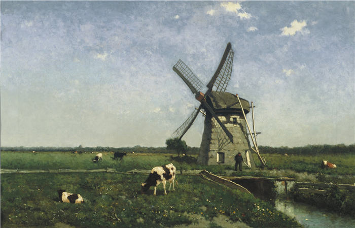 约翰·亨德里克·魏森布鲁赫(Johan Hendrik Weissenbruch,荷兰,1824 - 1903 年)作品-Schiedam 附近的风车景观(1873 年)