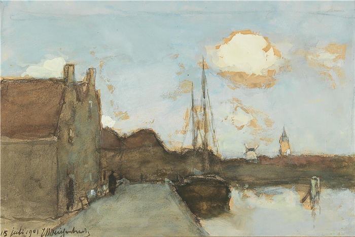 约翰·亨德里克·魏森布鲁赫（Johan Hendrik Weissenbruch，荷兰，1824 - 1903 年）作品-运河景观（1901 年）