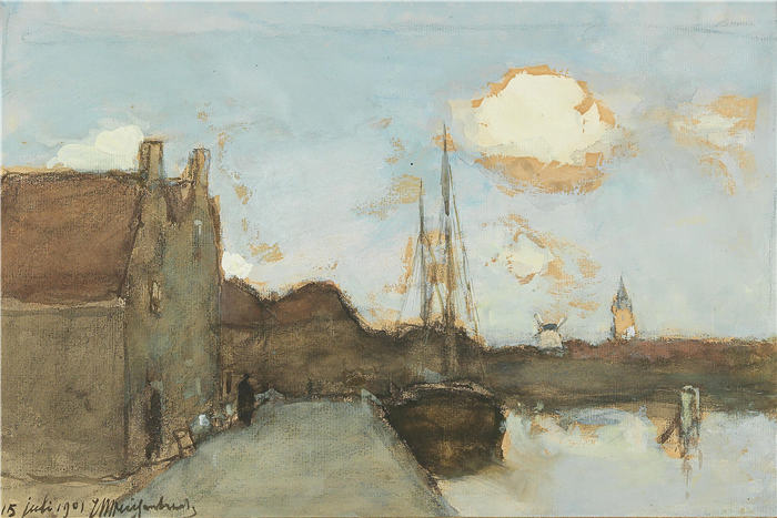 约翰·亨德里克·魏森布鲁赫(Johan Hendrik Weissenbruch,荷兰,1824 - 1903 年)作品-运河景观(1901 年)
