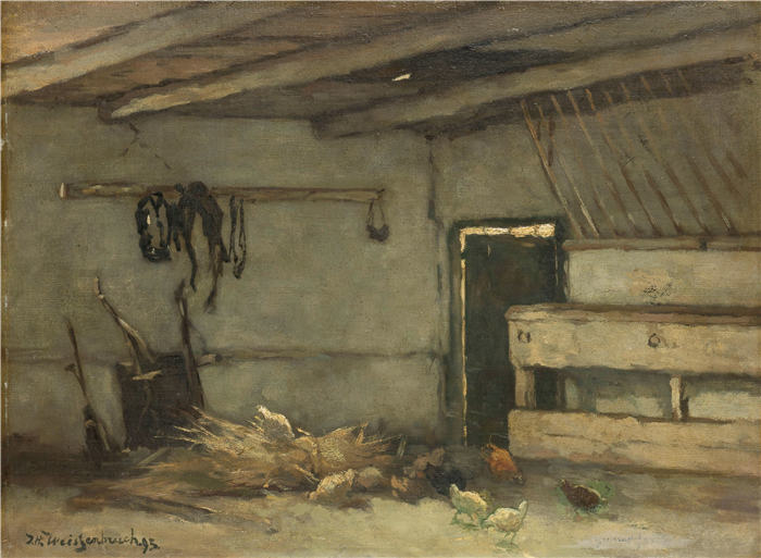 约翰·亨德里克·魏森布鲁赫（Johan Hendrik Weissenbruch，荷兰，1824 - 1903 年）作品-马厩的内部（1895 年）