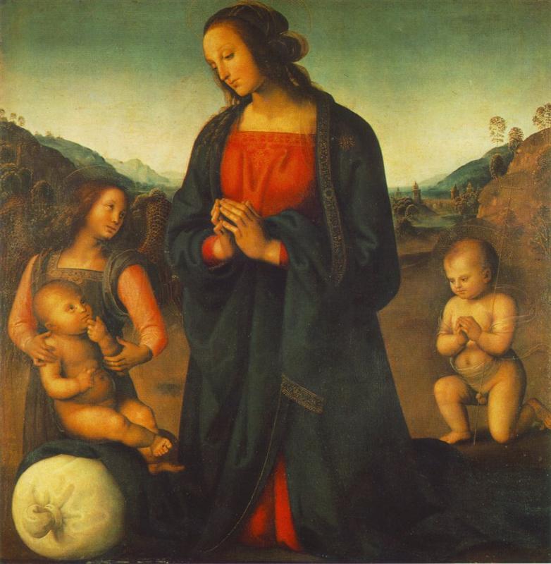 彼得罗·佩鲁吉诺(Pietro Perugino,意大利)-麦当娜,天使和小圣约翰崇拜孩子