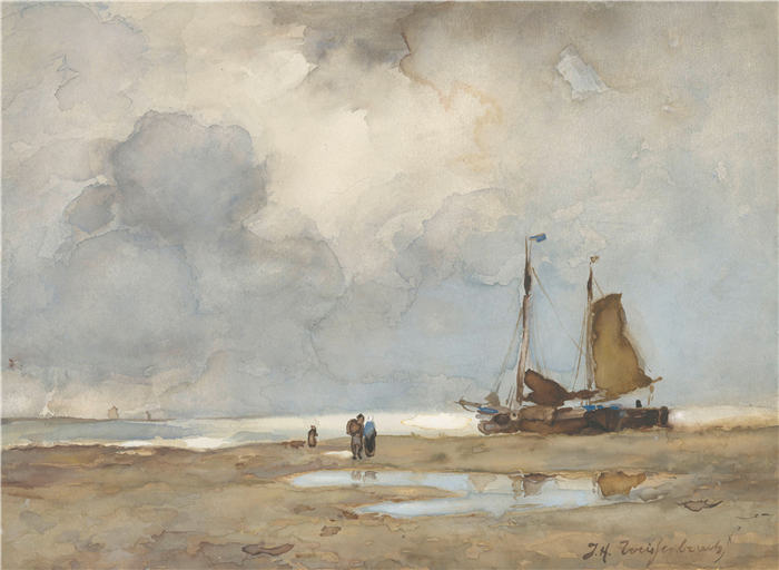 约翰·亨德里克·魏森布鲁赫(Johan Hendrik Weissenbruch,荷兰,1824 - 1903 年)作品-海滩景观(约 1895 年)
