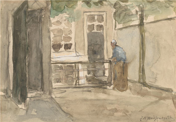 约翰·亨德里克·魏森布鲁赫(Johan Hendrik Weissenbruch,荷兰,1824 - 1903 年)作品-从海牙 Kazernestraat 艺术家工作室看庭院(1834 - 1903