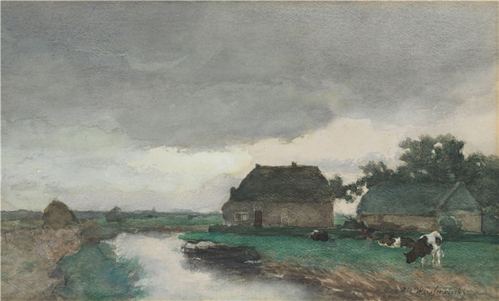 约翰·亨德里克·魏森布鲁赫（Johan Hendrik Weissenbruch，荷兰，1824 - 1903 年）作品-运河上有谷仓的农场（c. 1834 - c. 1903）