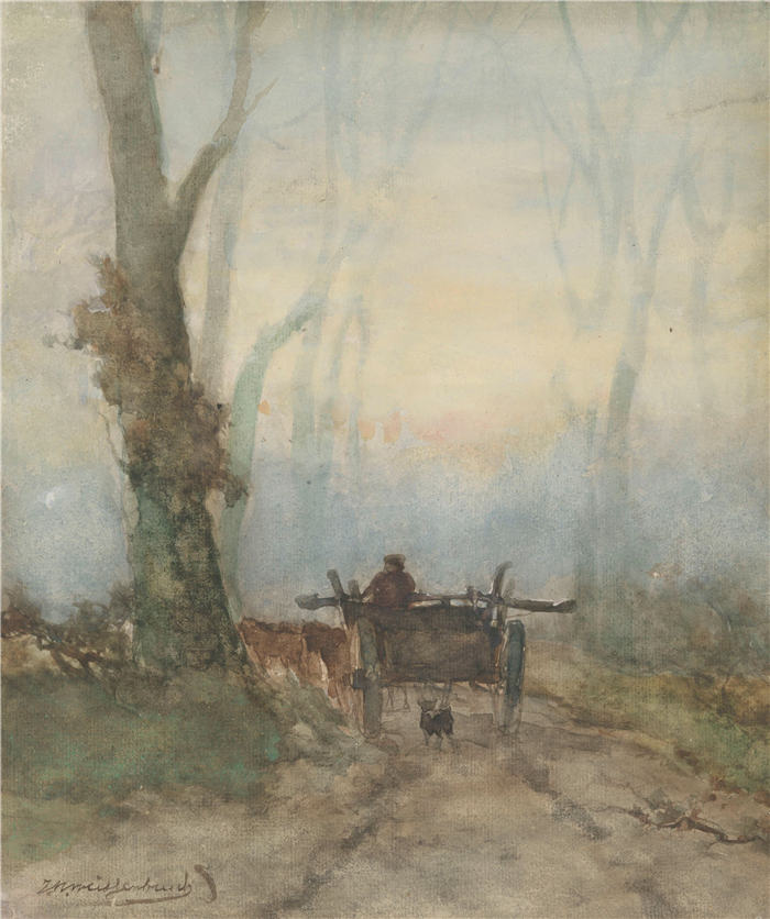 约翰·亨德里克·魏森布鲁赫（Johan Hendrik Weissenbruch，荷兰，1824 - 1903 年）作品-林道上的农夫推车 (1834 - 1903)