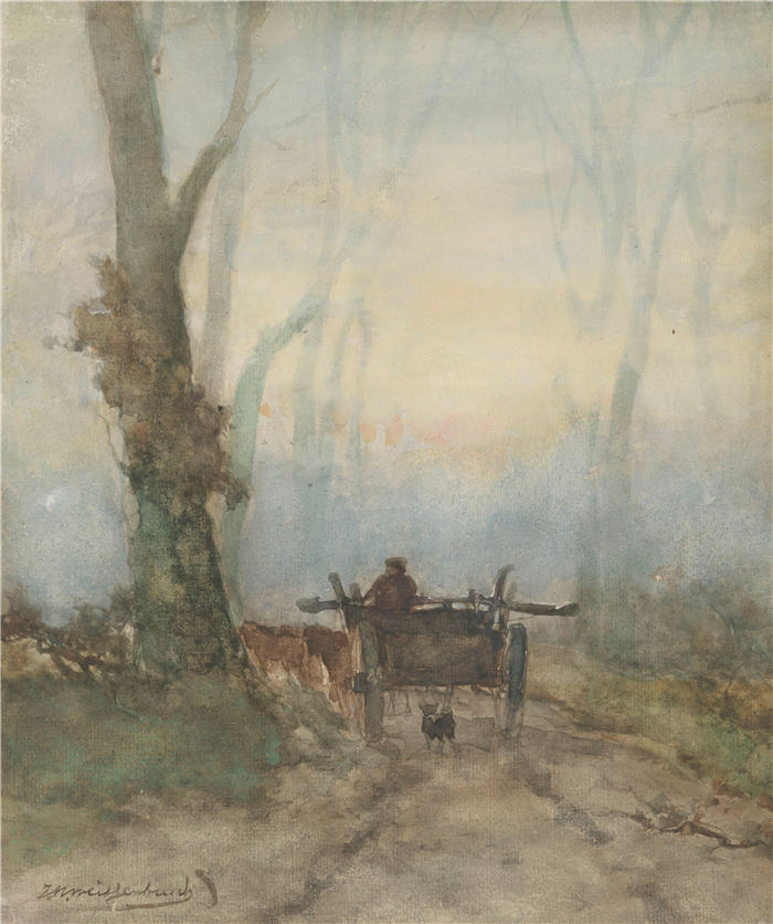 约翰·亨德里克·魏森布鲁赫(Johan Hendrik Weissenbruch,荷兰,1824 - 1903 年)作品-林道上的农夫推车 (1834 - 1903)