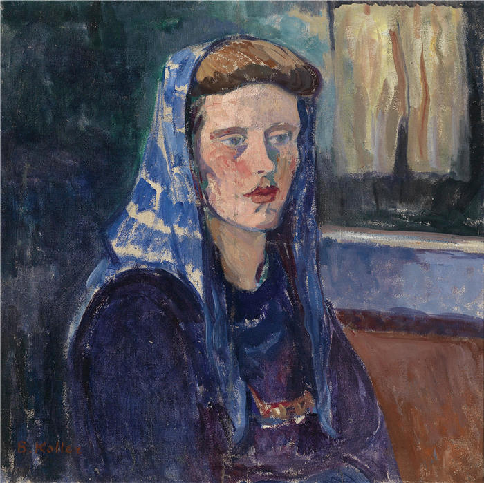 布朗西亚·科勒-皮内尔（Broncia Koller-Pinell，奥地利，1863-1934 年）作品-戴蓝色头巾的女人