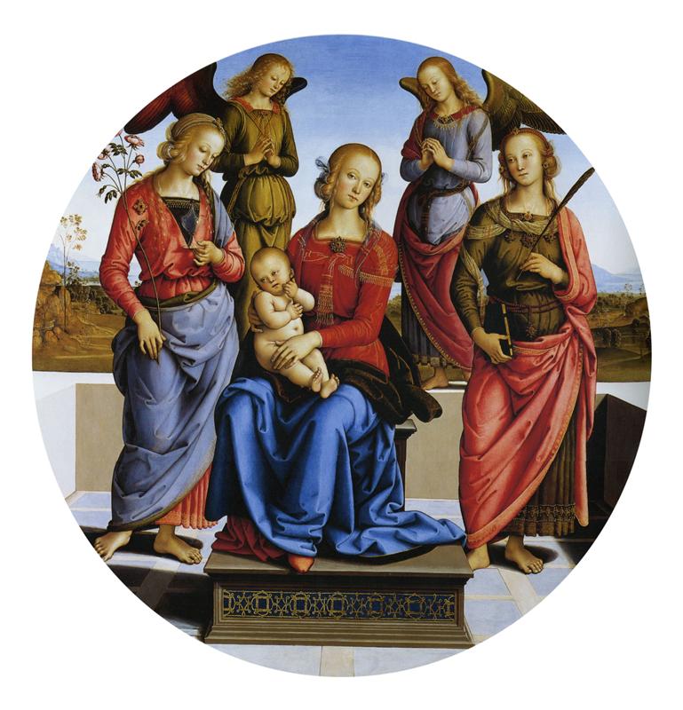 彼得罗·佩鲁吉诺(Pietro Perugino,意大利)-麦当娜与圣徒凯瑟琳和亚历山大的玫瑰以及两位天使一起登基
