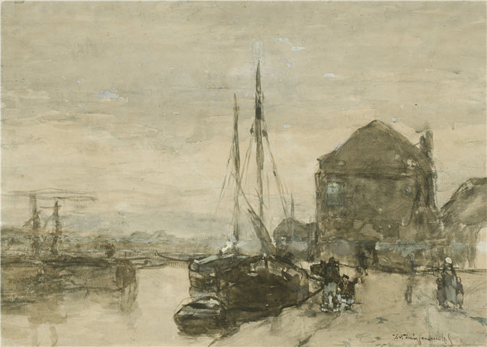 约翰·亨德里克·魏森布鲁赫（Johan Hendrik Weissenbruch，荷兰，1824 - 1903 年）作品-哈勒姆的 Turfmarkt 和 Eendjespoort 景色（1865 年
