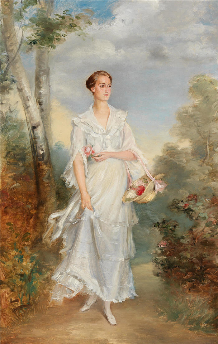 阿道夫·皮尔希（Adolf Pirsch，奥地利，1858 - 1929 年）作品-一篮鲜花的年轻女士的肖像