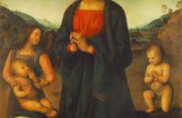 彼得罗·佩鲁吉诺（Pietro Perugino，意大利）-麦当娜，天使和小圣约翰崇拜孩子