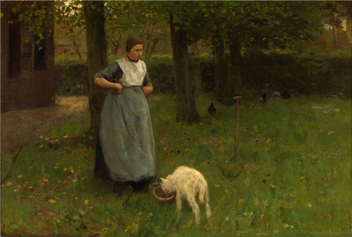 安东·莫夫（Anton Mauve，荷兰）作品-来自拉伦的女人与羊羔