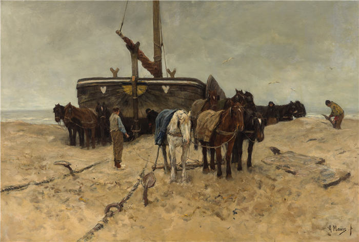 安东·莫夫（Anton Mauve，荷兰）作品-沙滩上的渔船