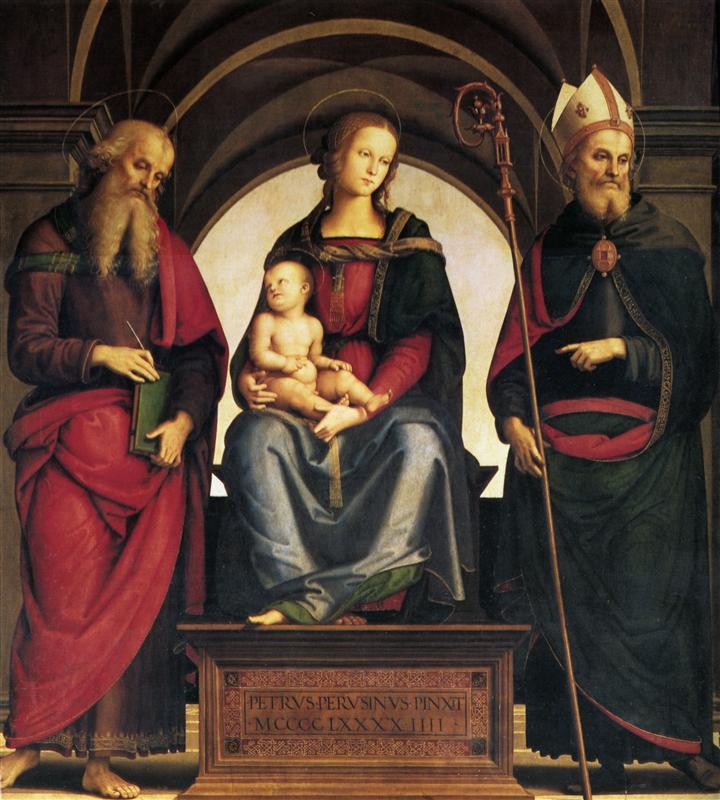 彼得罗·佩鲁吉诺（Pietro Perugino，意大利）-圣徒与约翰·奥古斯丁之间的宝座夫人与孩子