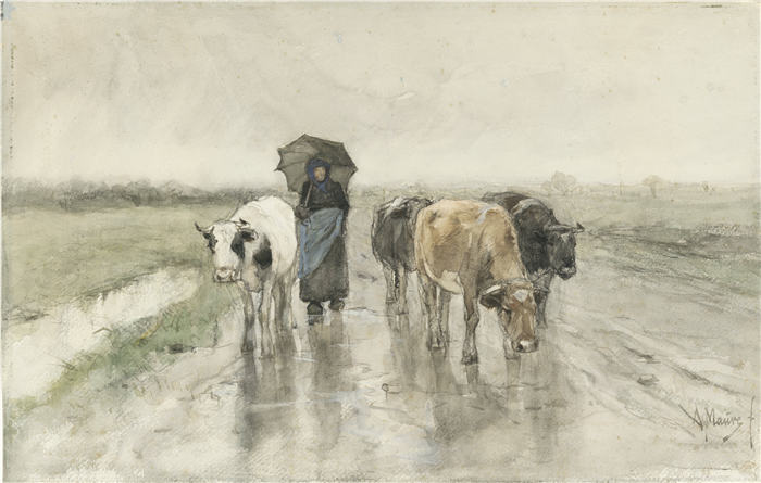 安东·莫夫（Anton Mauve，荷兰）作品-雨中乡间小路上带着奶牛的牧羊人 (1848 - 1888)