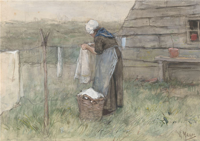 安东·莫夫（Anton Mauve，荷兰）作品-晾衣绳旁的女人 (1848 - 1888)