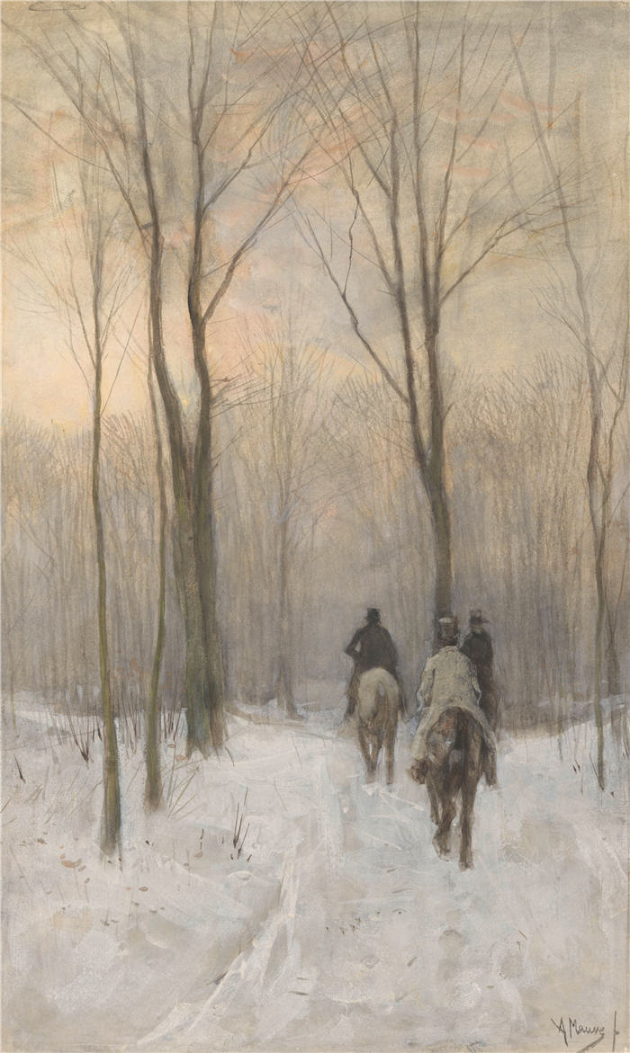 安东·莫夫（Anton Mauve，荷兰）作品-Haagse Bos 雪地里的骑手（1880 年）
