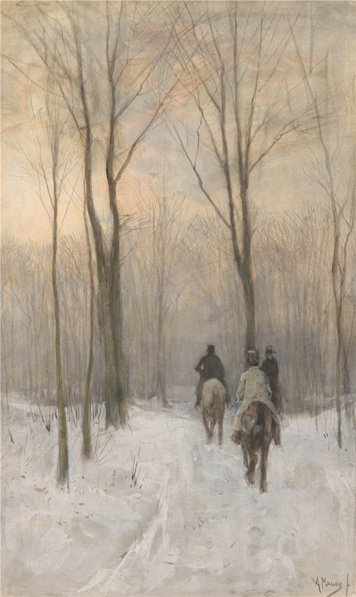 安东·莫夫(Anton Mauve,荷兰)作品-Haagse Bos 雪地里的骑手(1880 年)