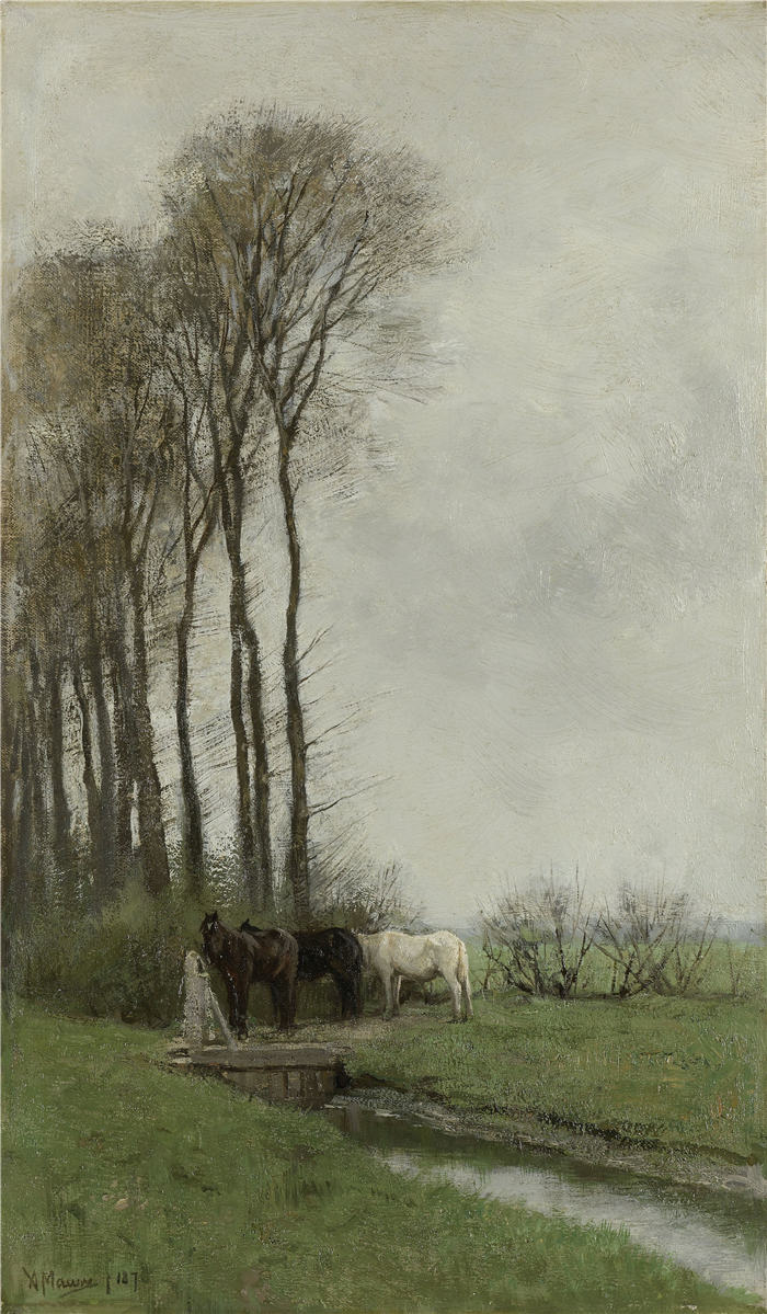 安东·莫夫（Anton Mauve，荷兰）作品-栅栏上的马（1878 年）