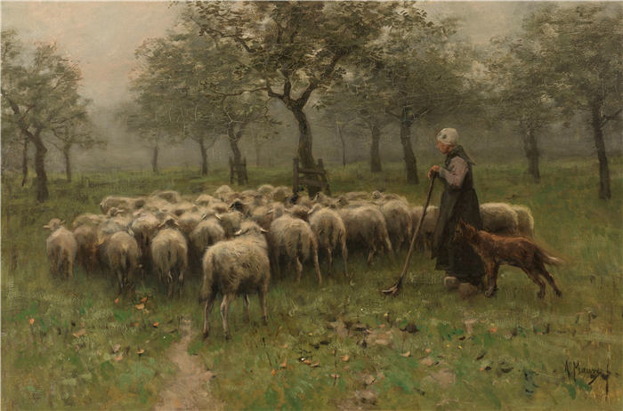 安东·莫夫（Anton Mauve，荷兰）作品-牧羊女与一群羊（c. 1870 - c. 1888）
