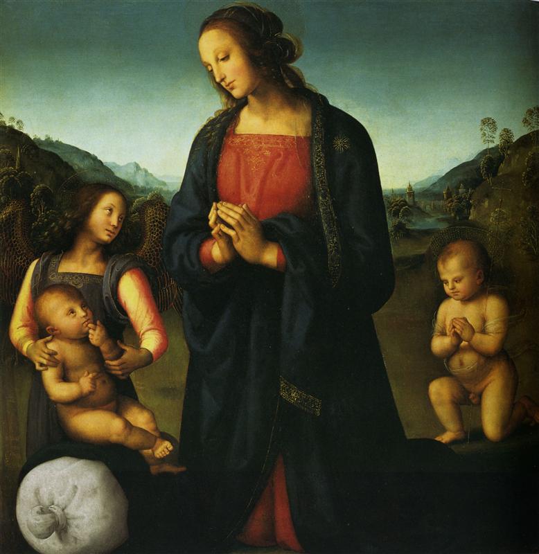 彼得罗·佩鲁吉诺(Pietro Perugino,意大利)-圣母与孩子、圣约翰和天使(麦当娜·德尔·萨科)