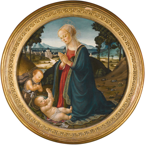 弗朗切斯科·博蒂奇尼（Francesco Botticini，1448-1498，意大利）作品-麦当娜和孩子与婴儿圣约翰施洗者在风景中