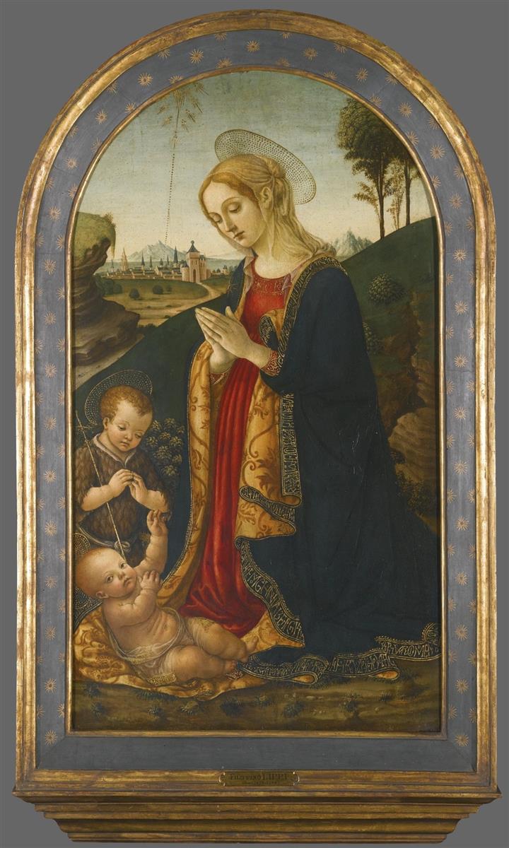 弗朗切斯科·博蒂奇尼（Francesco Botticini，1448-1498，意大利）作品-麦当娜和孩子与婴儿施洗者圣约翰在风景中