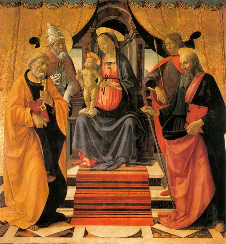 多梅尼哥·基尔兰达约（Domenico Ghirlandaio，1448-1494，意大利）作品-麦当娜和圣徒登基的孩子