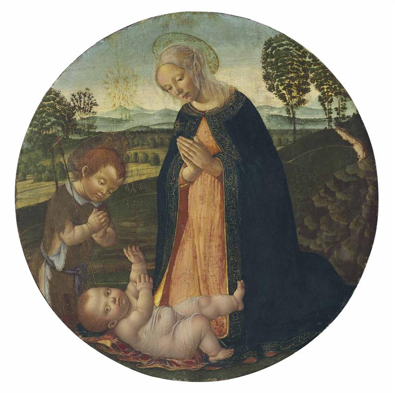 弗朗切斯科·博蒂奇尼(Francesco Botticini,1448-1498,意大利)作品-麦当娜和孩子与婴儿施洗者圣约翰