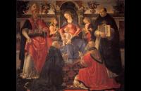 多梅尼哥·基尔兰达约（Domenico Ghirlandaio，1448-1494，意大利）作品-麦当娜和孩子与圣狄奥尼修斯、Aeropagita、多梅尼克、克莱门特和托马斯阿奎那一起登上宝座