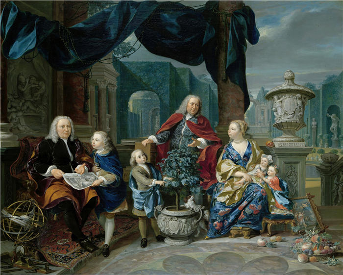 尼古拉斯·维尔科列（Nikolaas Verkolje，荷兰画家）作品-David van Mollem 和他的家人的肖像（1740 年）