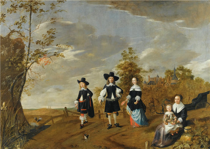 克里斯蒂安·范·科伦伯格（Christiaen van Colenbergh，荷兰，1635-1688 年）作品-Casteel Dursteede 之前风景中的全家福