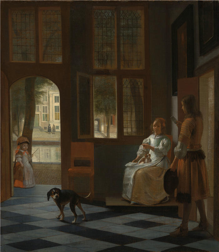 彼得·德·霍赫（Pieter de Hooch，荷兰画家）作品-男人在房子的入口大厅里给女人递一封信（1670 年）