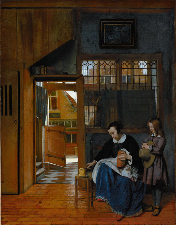 彼得·德·霍赫（Pieter de Hooch，荷兰画家）作品-一个女人为一个男孩准备面包和黄油（1660-1663）