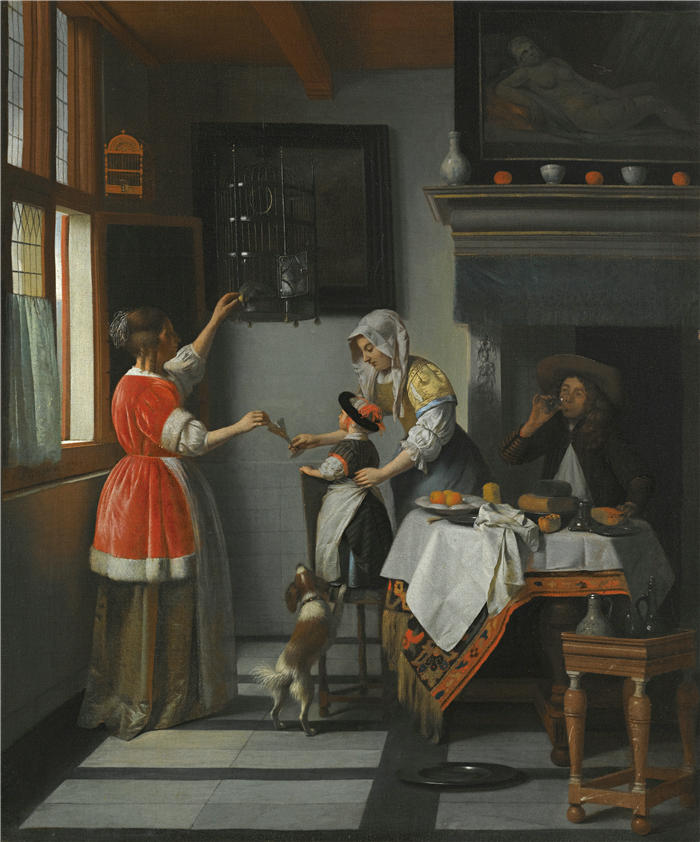 彼得·德·霍赫（Pieter de Hooch，荷兰画家）作品-室内有一个正在喂鹦鹉的孩子（1672）